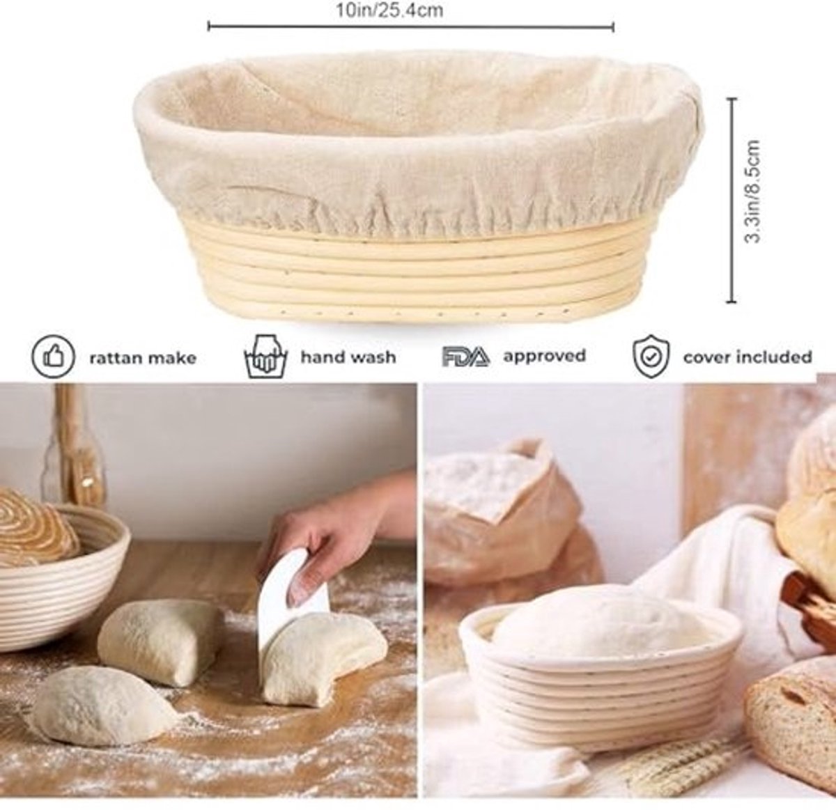 Banneton Brood Rijsmandjes Set van 2 - 25cm Ovalen Zuurdesem Mand met Linnen Voering voor Ambachtelijk Bakken