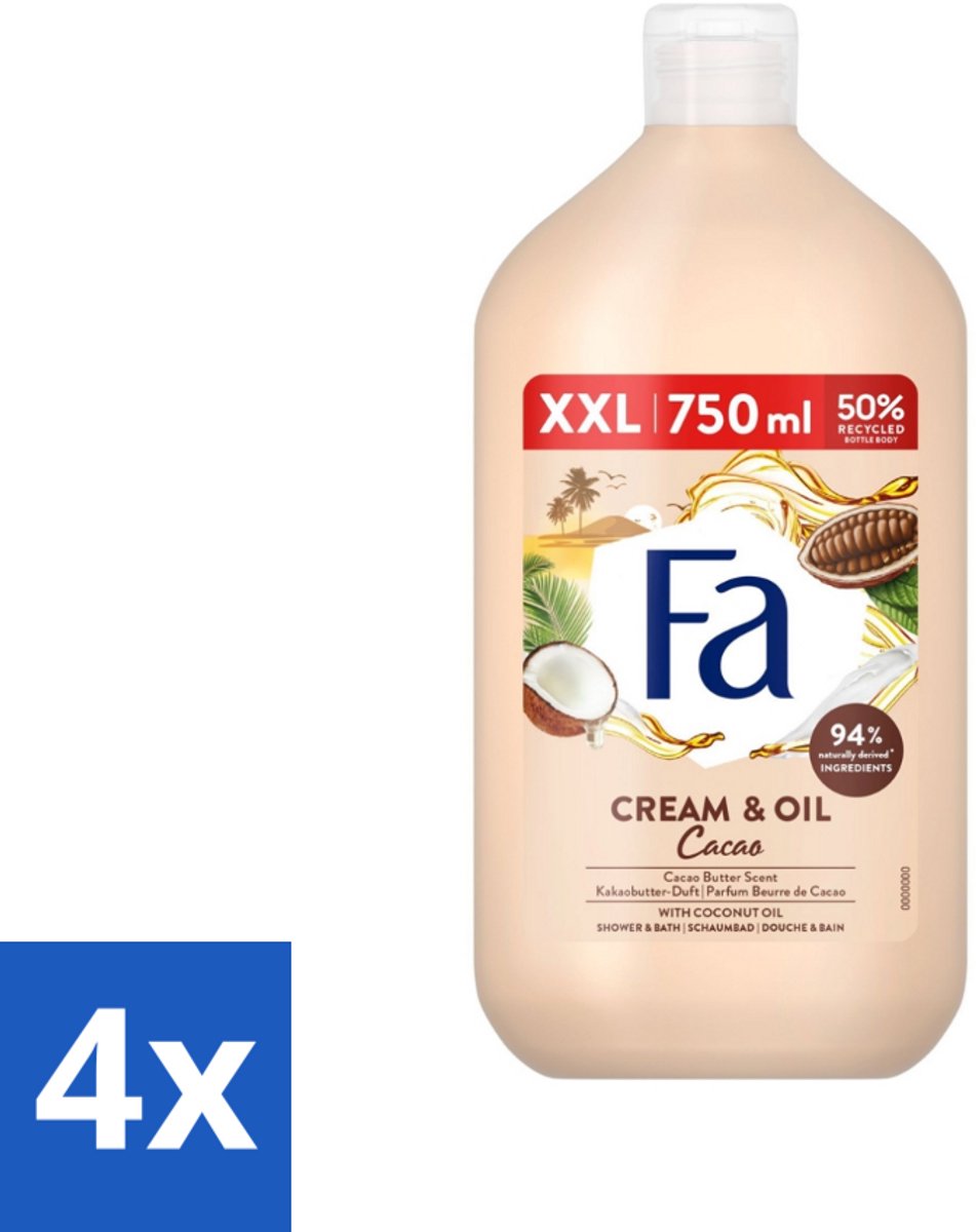 4 x Fa - Cream & Oil Cacao - Bad- & Douchegel - Cacaoboter Met Kokosolie - 750 ml - Badgel - Douchegel - Cacaoboter - Kokosolie - Verzorging