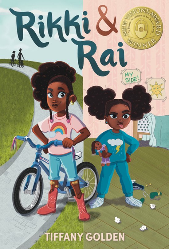 Boekomslag Rikki & Rai met twee meisjes: een op een blauwe fiets en een met een pop, inclusief New Visions Award sticker.