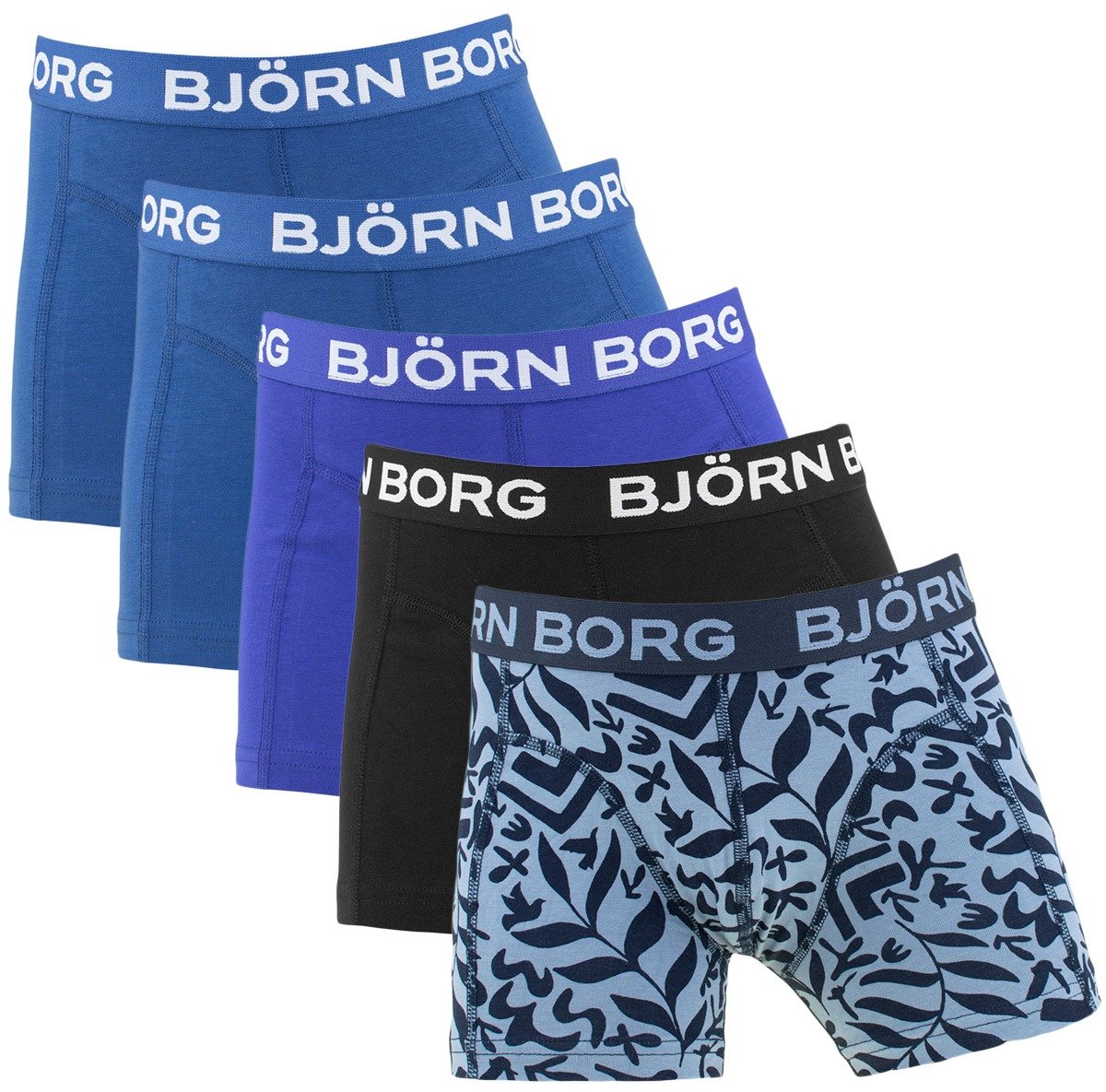 Björn Borg jongens cotton stretch 5P boxers basic leafs blauw & zwart III
