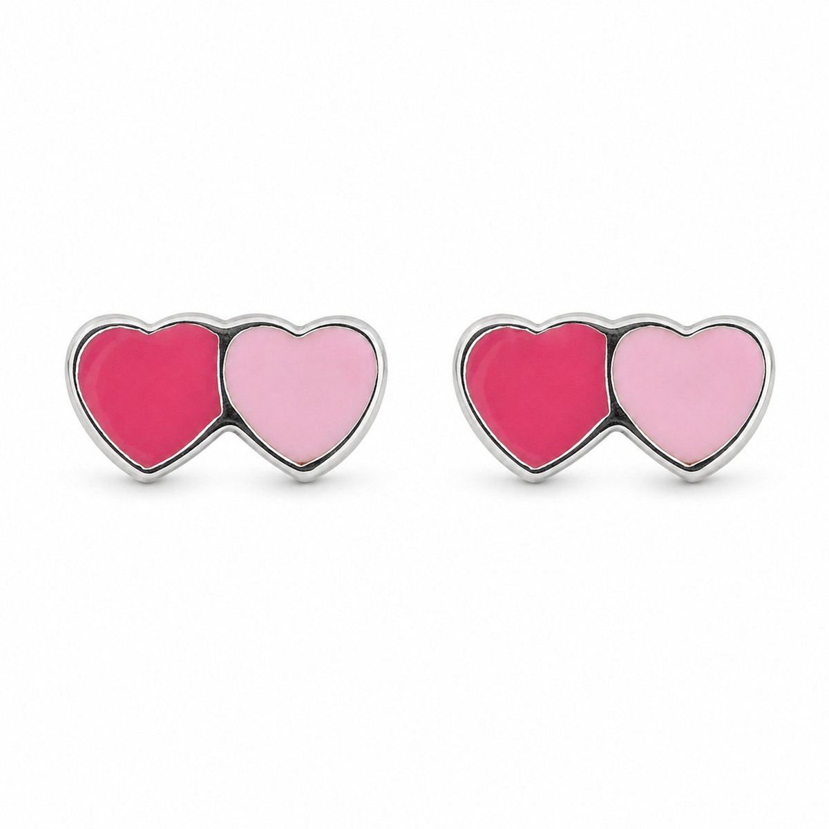 Zilveren oorknopjes dames en kinderen met double heart 2 roze emaille hartjes 4x7 mm