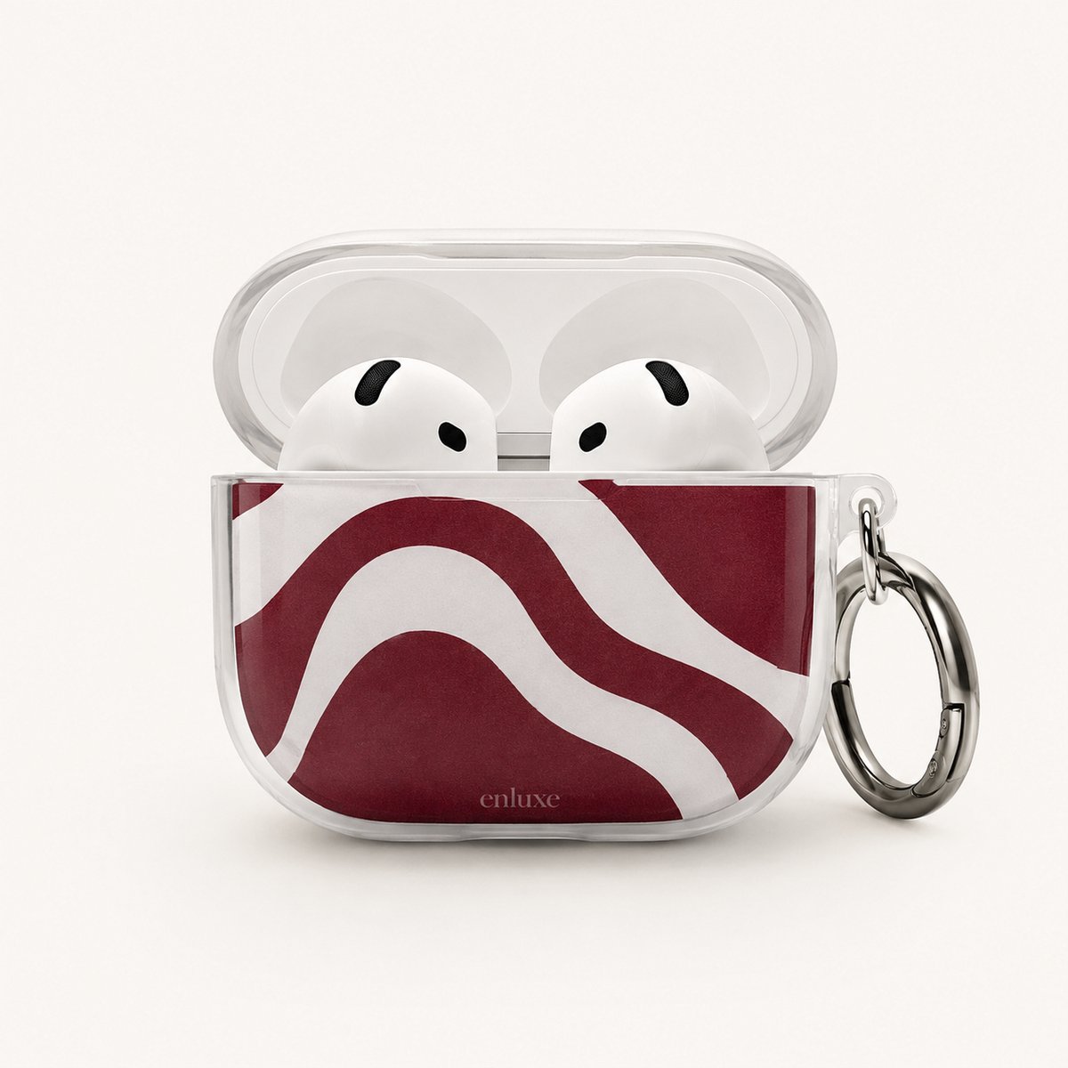 Enluxe AirPods 4 Hoesje Transparant – Bordeaux Rood Wit Abstract Design met Karabijnhaak