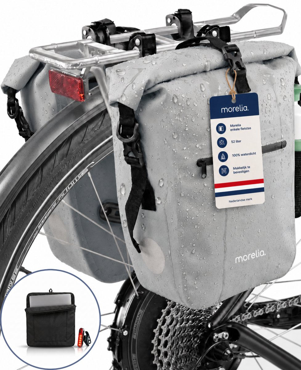 Morelia® Fietstas Set (2x 28 Liter Sage Green) - Incl Laptoptas & Achterlicht - Fietstassen voor E-bikes - Fietstassen Electrische Fietsen - Fietstassen Dubbel - 100% Waterdicht - Tarpaulin materiaal