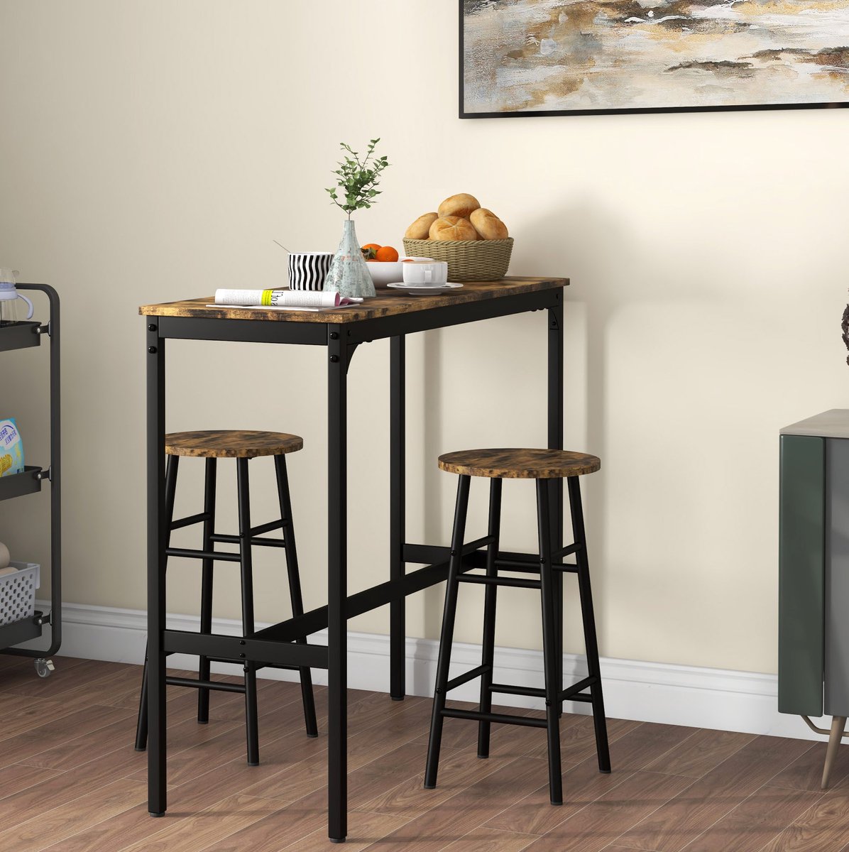 MIVRAY Bartafelset 3-delig 105 x 40 x 90 cm - Met 2 Barhockers En Voetsteunen - Ruimtebesparend Voor Keuken En Eetkamer - MDF En Metaal Bruin