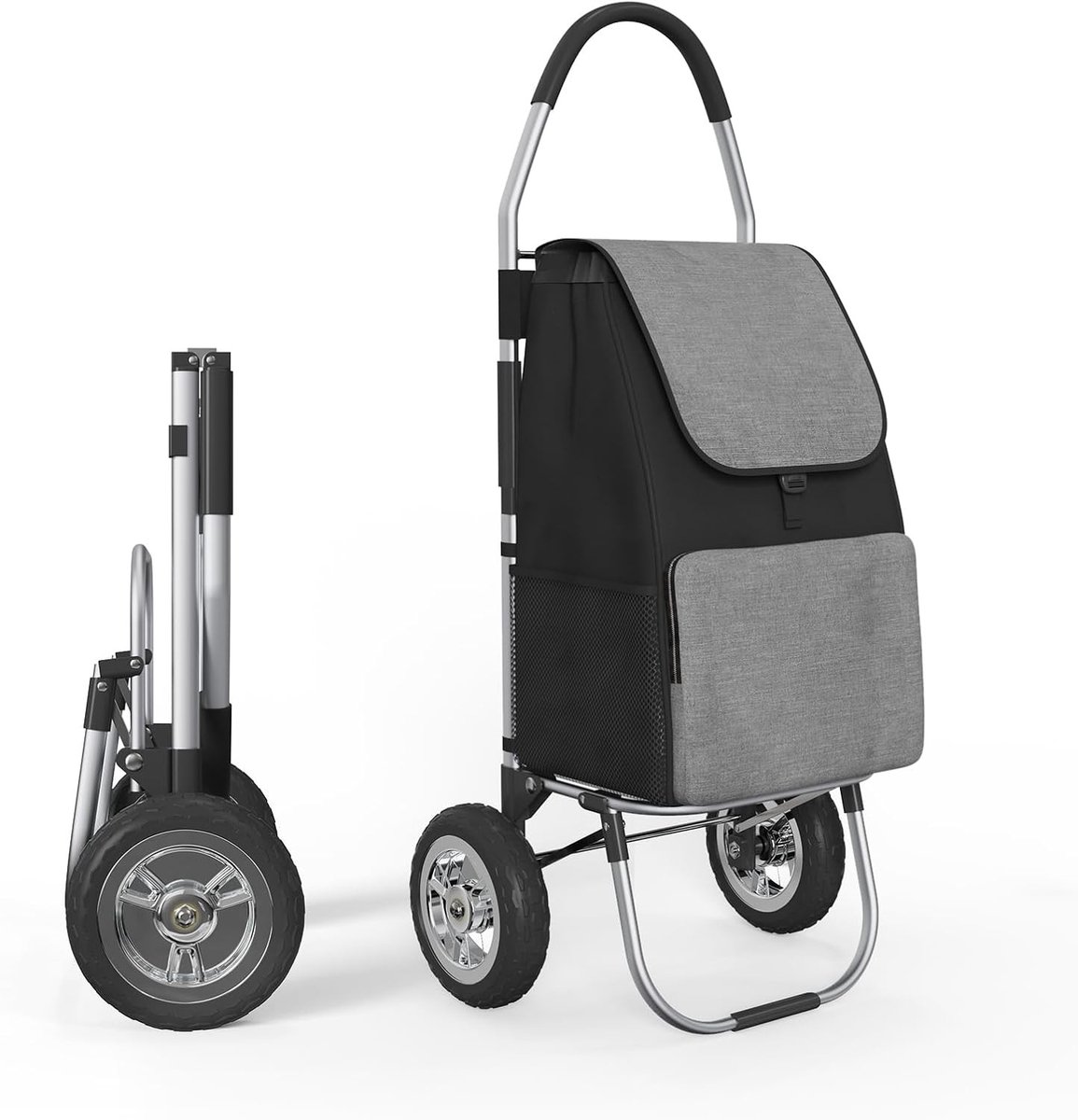 Grote Vouwbare Boodschappentrolley met Wielen en Afneembare Tas, 50 L Capaciteit, Max. 50 kg Belasting, Zwart en Grijs