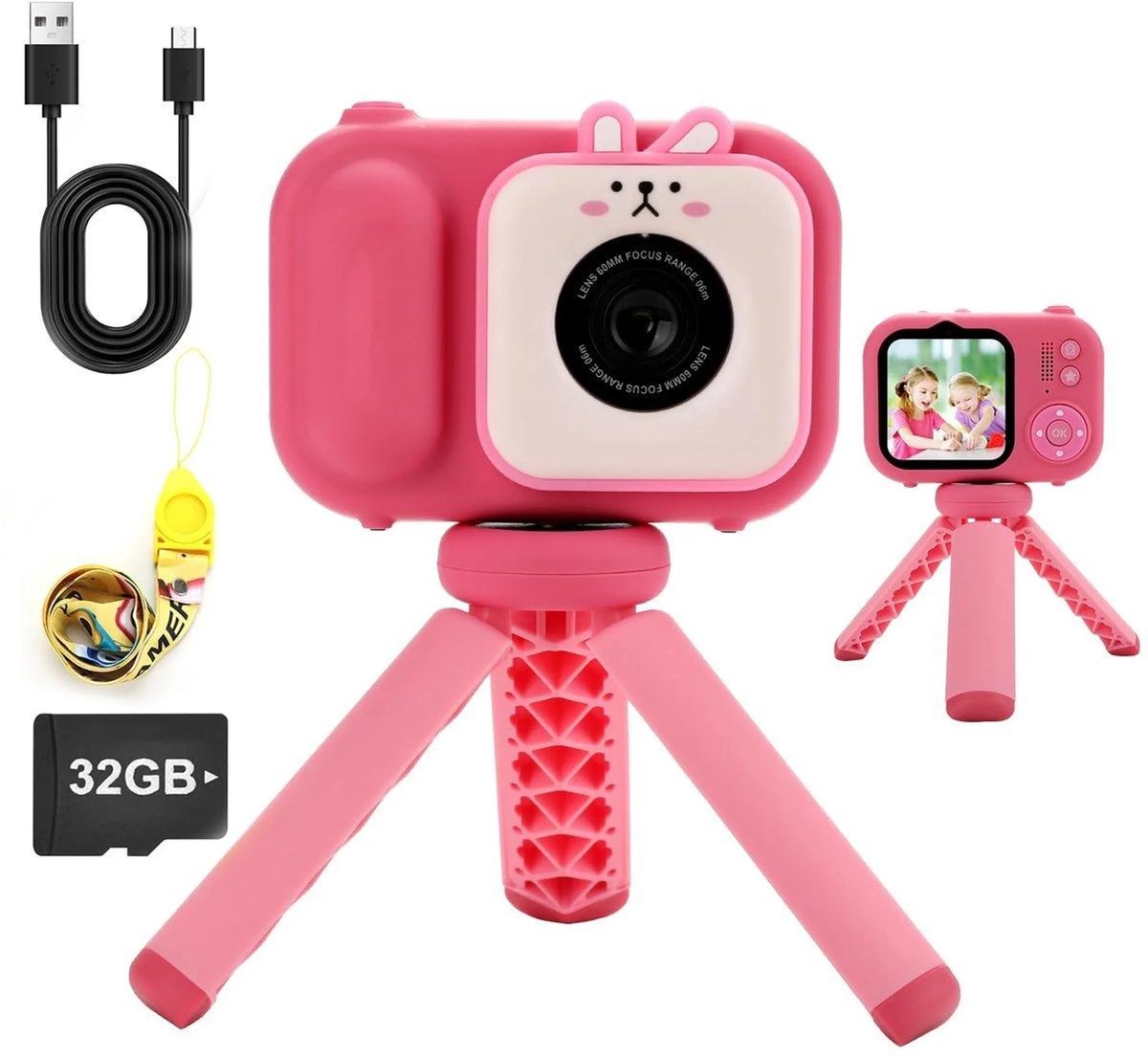 Kindercamera met statief - voor meisjes en jongens van 3 tot 12 jaar - Digitale videocamera voor kinderen om te vloggen - 2,4" scherm draagbare selfiecamera voor kinderen - met 32GB SD-kaart - Kindercamera voor verjaardag - Roze