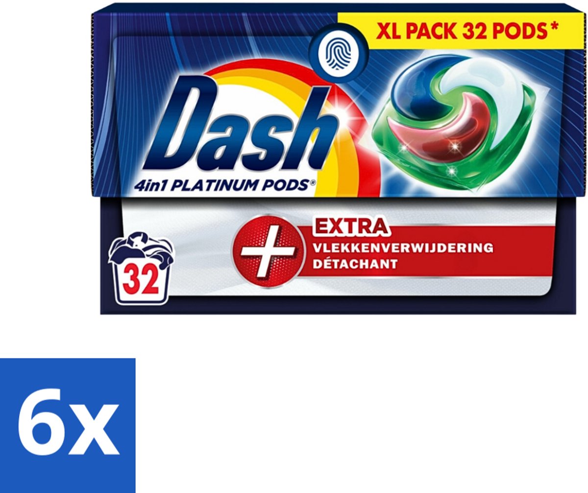 6 x Dash - 4in1 Pods +Extra Vlekkenverwijderaar - Wasmiddelcapsules - Intensieve Reiniging - 32 Wasbeurten - Wasmiddelcapsules - Vlekkenverwijderaar - Intensieve Reiniging - Waspoeder - Wasmiddel