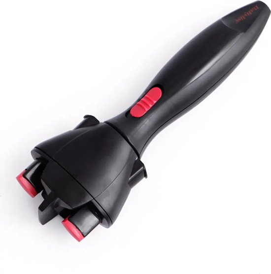 Zwarte automatische haarvlechtmachine met rode knoppen en houders. Babyliss logo bovenaan.