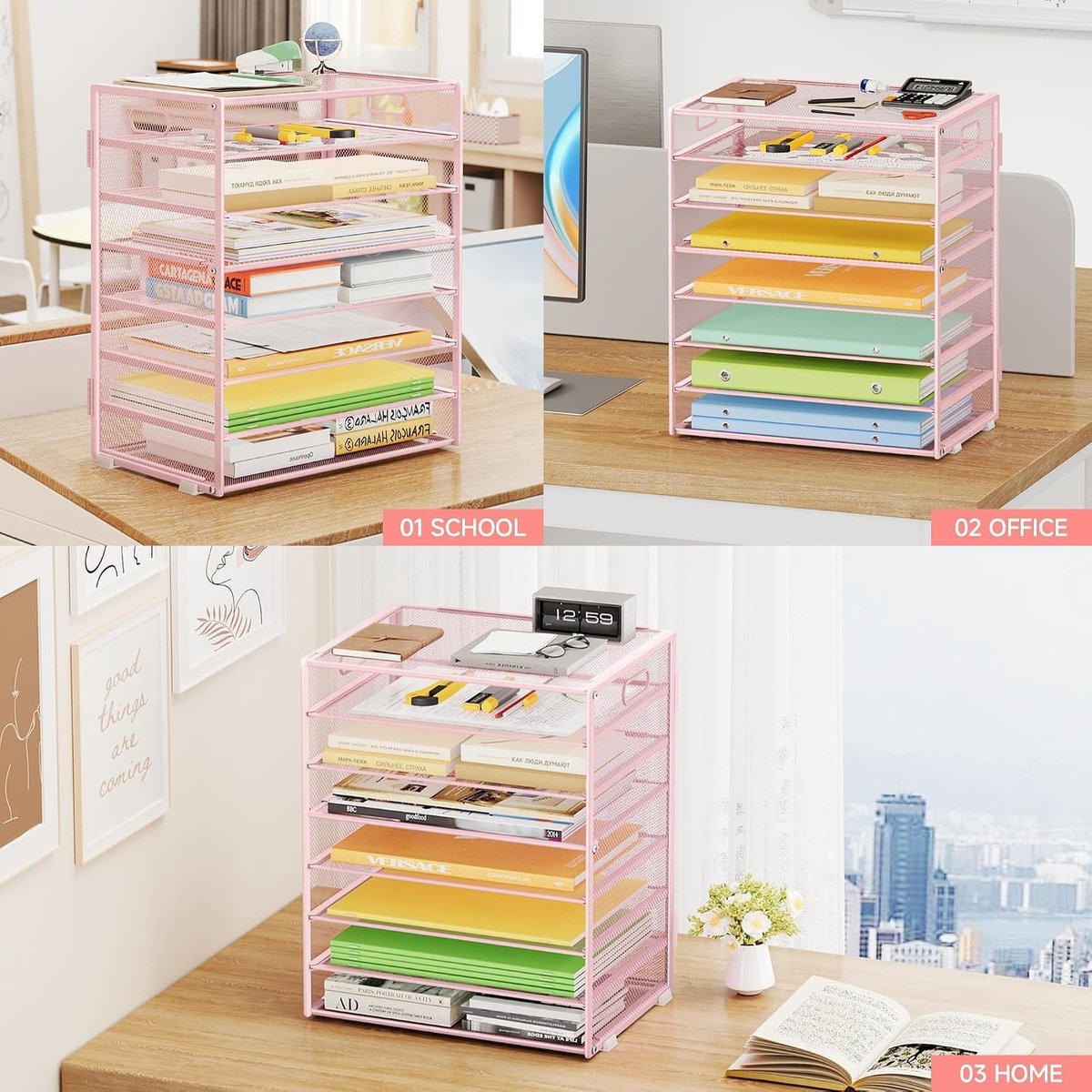 8-laags Document Organizer Tray, Stapelbare Papieren en Documenten Houder, Metalen Mesh Bureau Organizer voor Thuis, Kantoor en School (Roze)