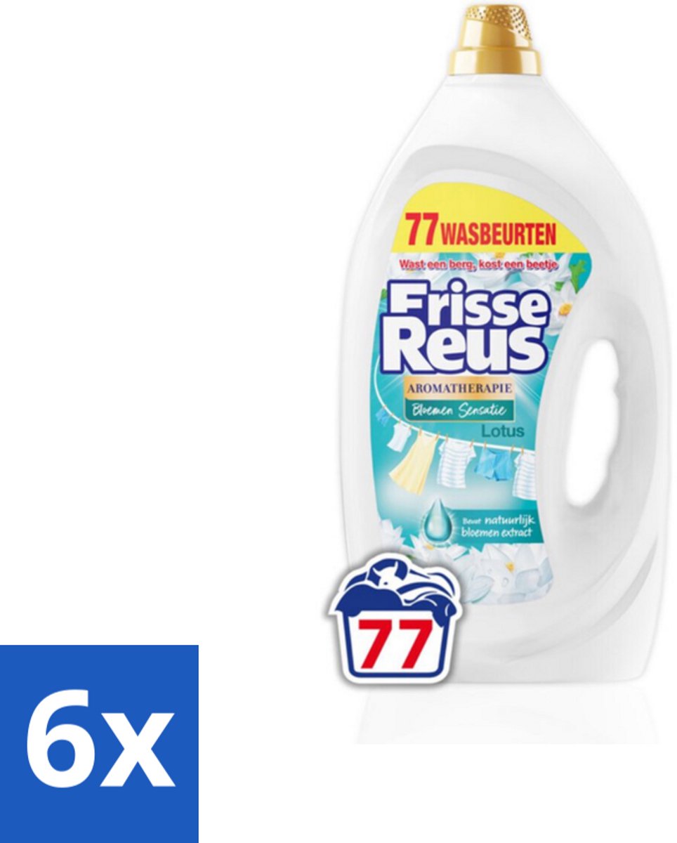 6 x Frisse Reus - Vloeibaar Wasmiddel - Lotus - Witte Was - 77 Wasbeurten - Wasmiddel - Witwas - Waskracht - Lotusgeur - Vloeibaar Wasmiddel