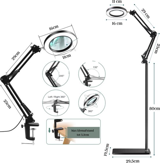 Zwarte loeplamp met flexibele arm, 10x vergroting en ringvormige LED-verlichting. Afmetingen getoond.
