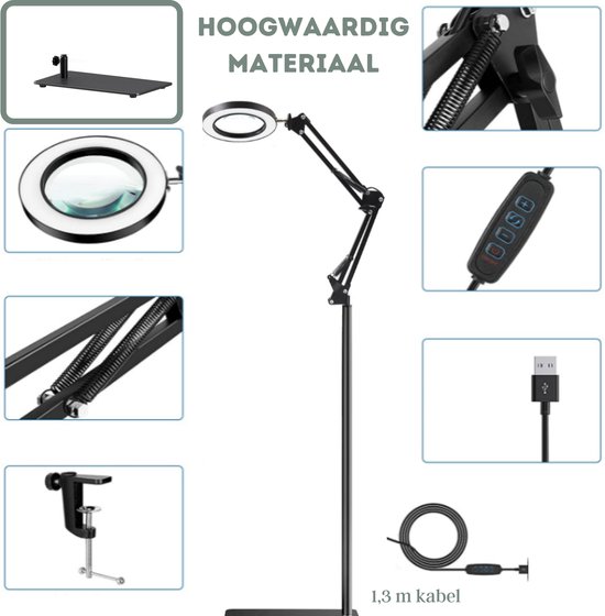 Zwarte staande loeplamp met flexibele arm, USB-aansluiting, dimmer en 10x vergroting. Getoond met klem en verschillende onderdelen.