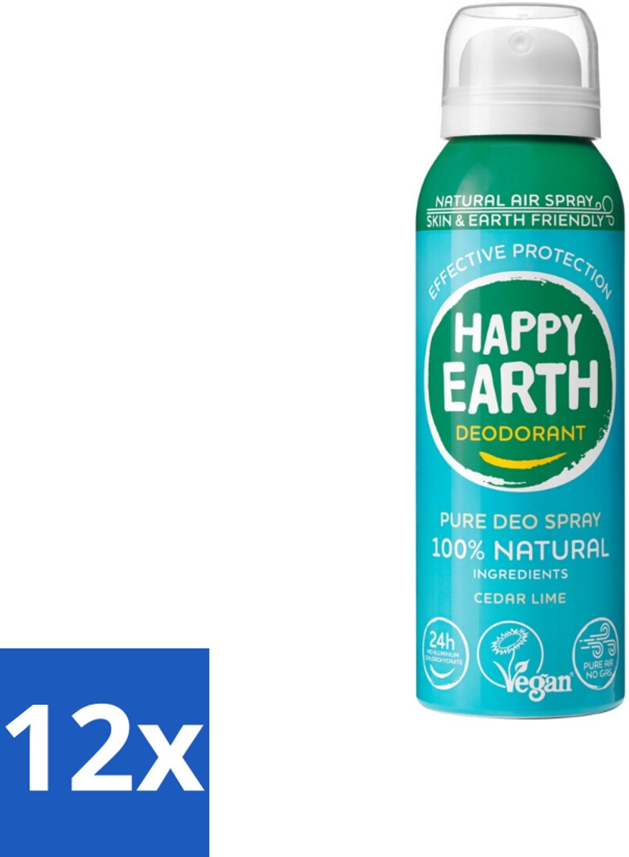Happy Earth – Deodorant Natural Air Spray – 100% Natuurlijk Cedar Lime – 100 ml - Voordeelverpakking - 12 stuks