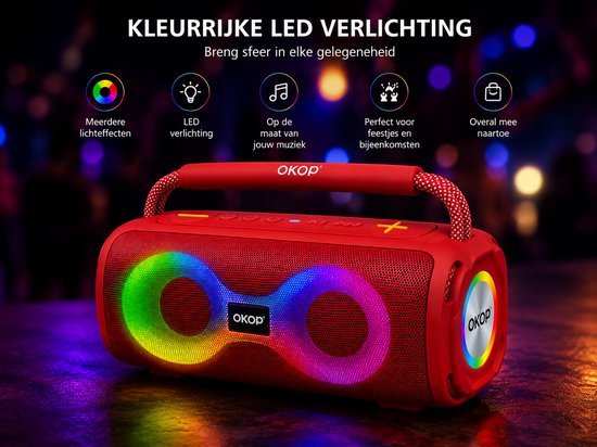 OKOP Bluetooth speaker - Draadloze muziek box - Draagbaar - Verlichting - 2x5W - Verschillende kleuren - RGB LED - Rood van OKOP — afbeelding 5