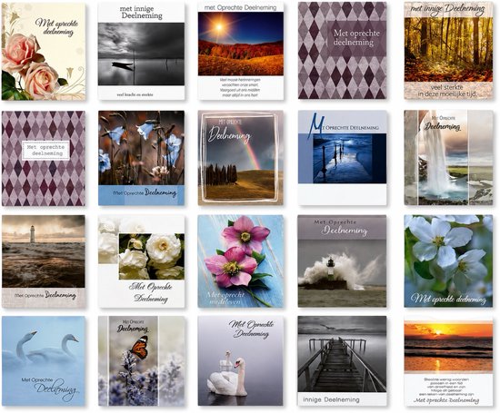 Collage van 20 wenskaarten met condoleance-teksten zoals 'Met oprechte deelneming', diverse afbeeldingen van natuur en bloemen.