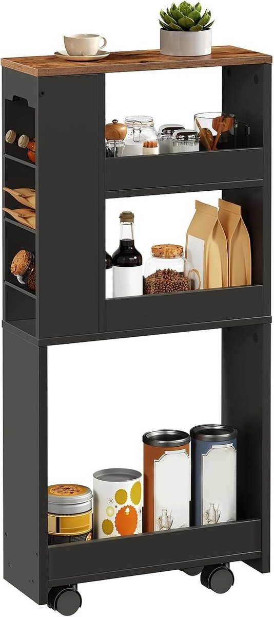 4-laagse serveertrolley met 4 slotwielen, smalle roller cart voor keuken en woonkamer, vintage bruin en zwart, 40 x 15 x 85,5 cm