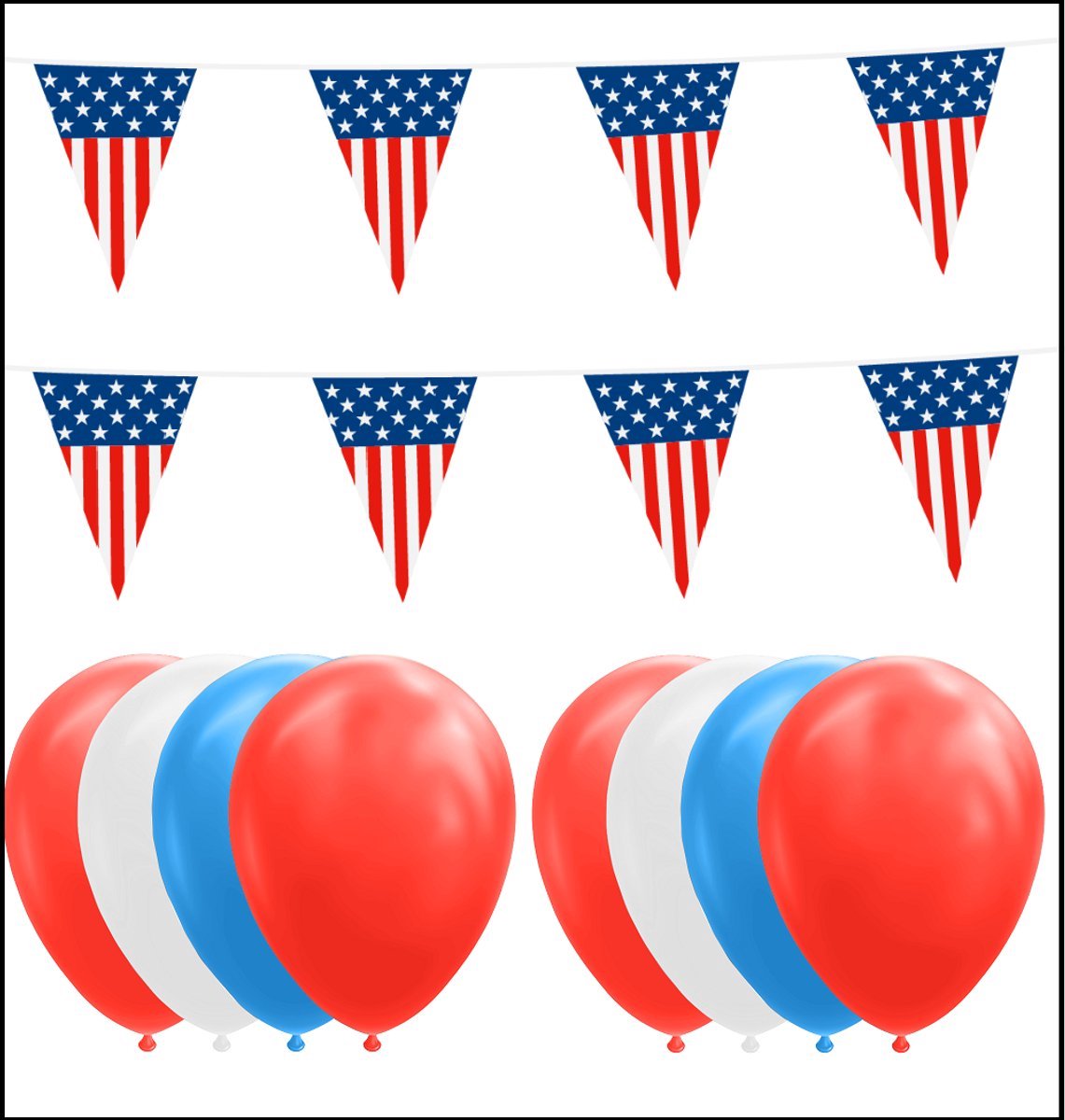 USA- 2x Vlaggenlijn 10 meter + 20 ballonnen rood/wit/blauw - Versiering Slinger Feestdecoratie Decoratie