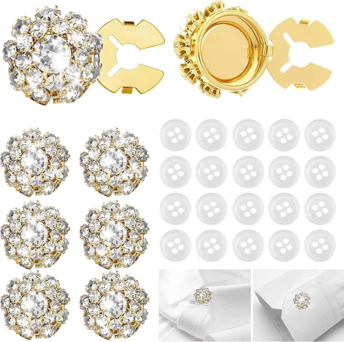 Set van 6 Detachable Clip-on Kristallen Knopen met 20 Stuks Naaiknopen voor Dames en Heren Kleding, Decoratieve Knopen voor Blouses en Kostuums in Goud