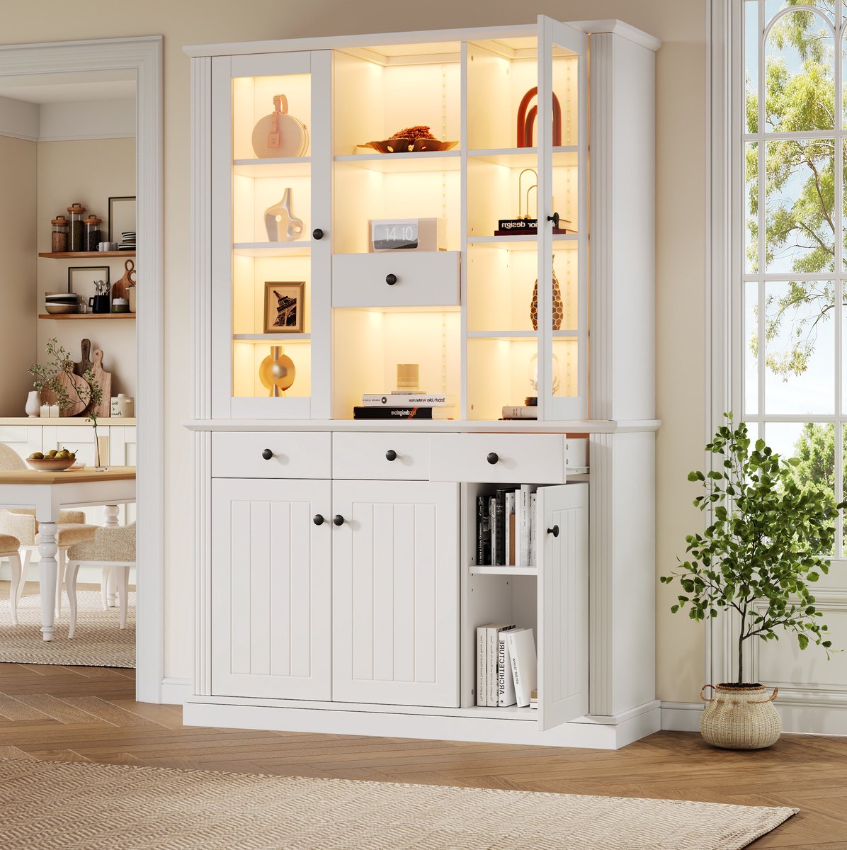 Vitrinekast - LED Verlichting Met 4 Lades En 5 Deuren - Glazen Display Voor Woonkamer En Eetkamer - MDF En Gehard Glas - Wit - 119,5 X 40 X 180 Cm