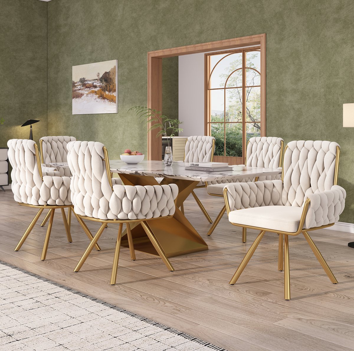 MIVRAY Eetkamerstoel 6-delig - Luxe Fluweel Kuipstoel Met Armleuningen En Draaifunctie - Voor Eetkamer En Woonkamer - Beige Metaal
