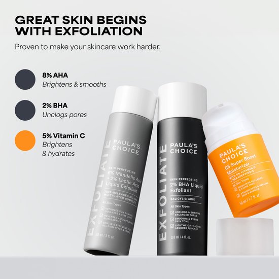Drie Paula's Choice flacons: linker donkergrijs met 'SKIN PERFECTING 6% Mandelic Acid + 2% Lactic Acid Liquid Exfoliant', middelste grijs met '2% BHA Liquid Exfoliant', rechter oranje C5 Super Boost Moisturizer.