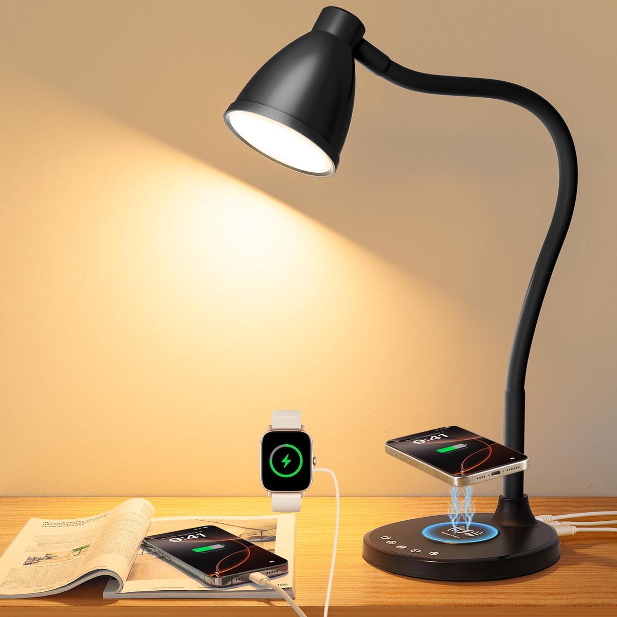 KZQ LED Desk Lamp with USB Charging Port 3 Color Modes Dimmable- Black