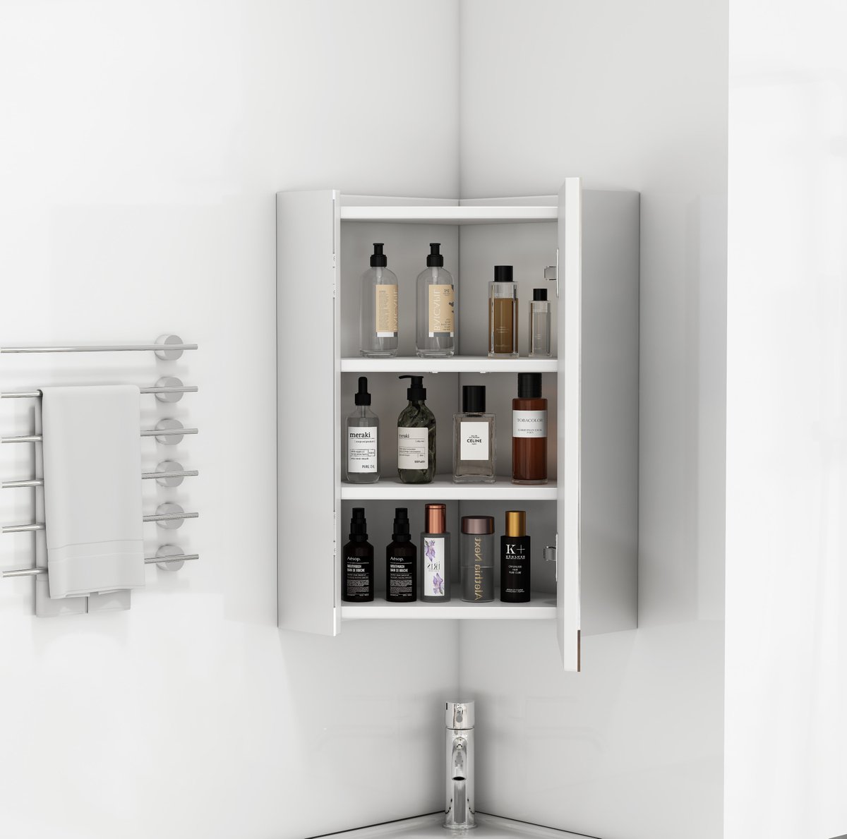 STILVORA Hoekspiegelkast - Driezijdige Spiegel Met Dempende Scharnieren - Wandkast Voor Badkamerhoek - Hout En Glas - Wit