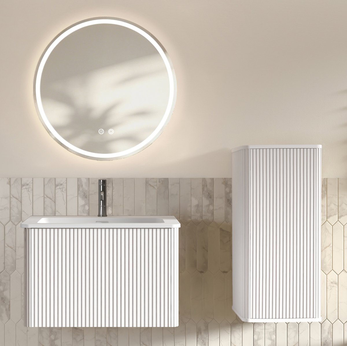 OKWISH Badkamermeubelset - Met Wastafel, LED Spiegel En Zijkast - Wandhangend Voor Kleine Badkamers - Wit - 61 x 46,5 x 37 cm