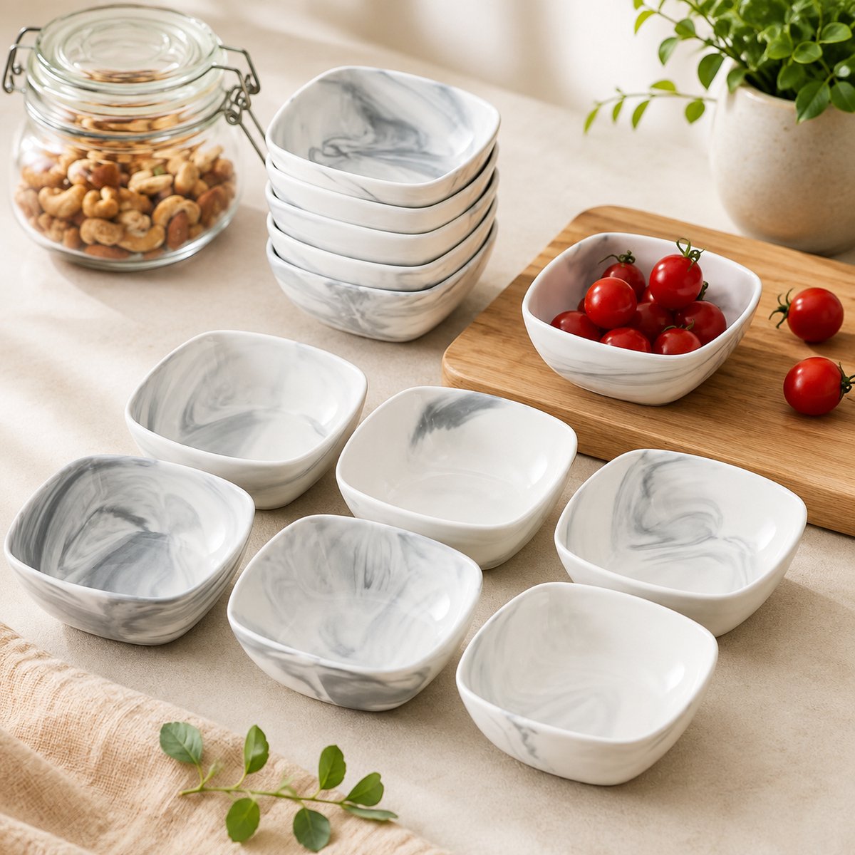 Set van 12 marmer porseleinen mini-dipkommetjes, 10,16 cm, dessertschaaltjes, eetklaar