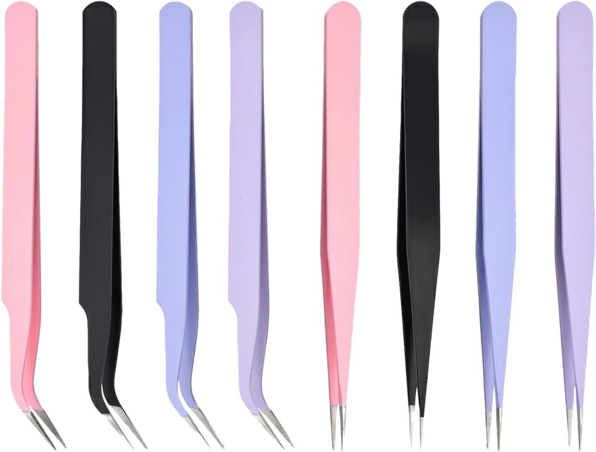 Professionele set van 8 roestvrijstalen pincetten, 4 recht en 4 gebogen, perfect voor wimperextensions, nagelkunst en sieraden maken