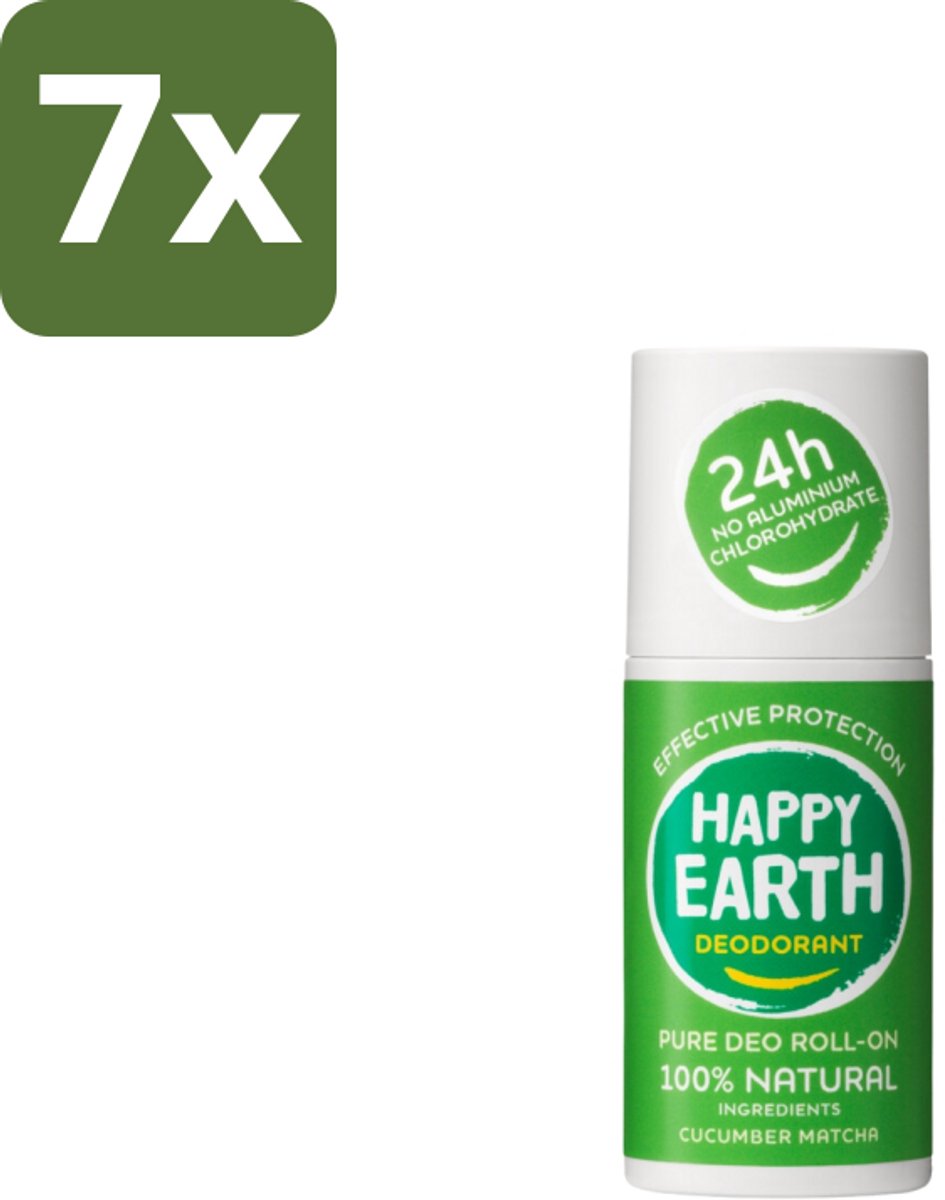 Happy Earth – Deodorant Roll-On – 100% Natuurlijk Cucumber Matcha – 75 ml - Bulkverpakking - 7 stuks