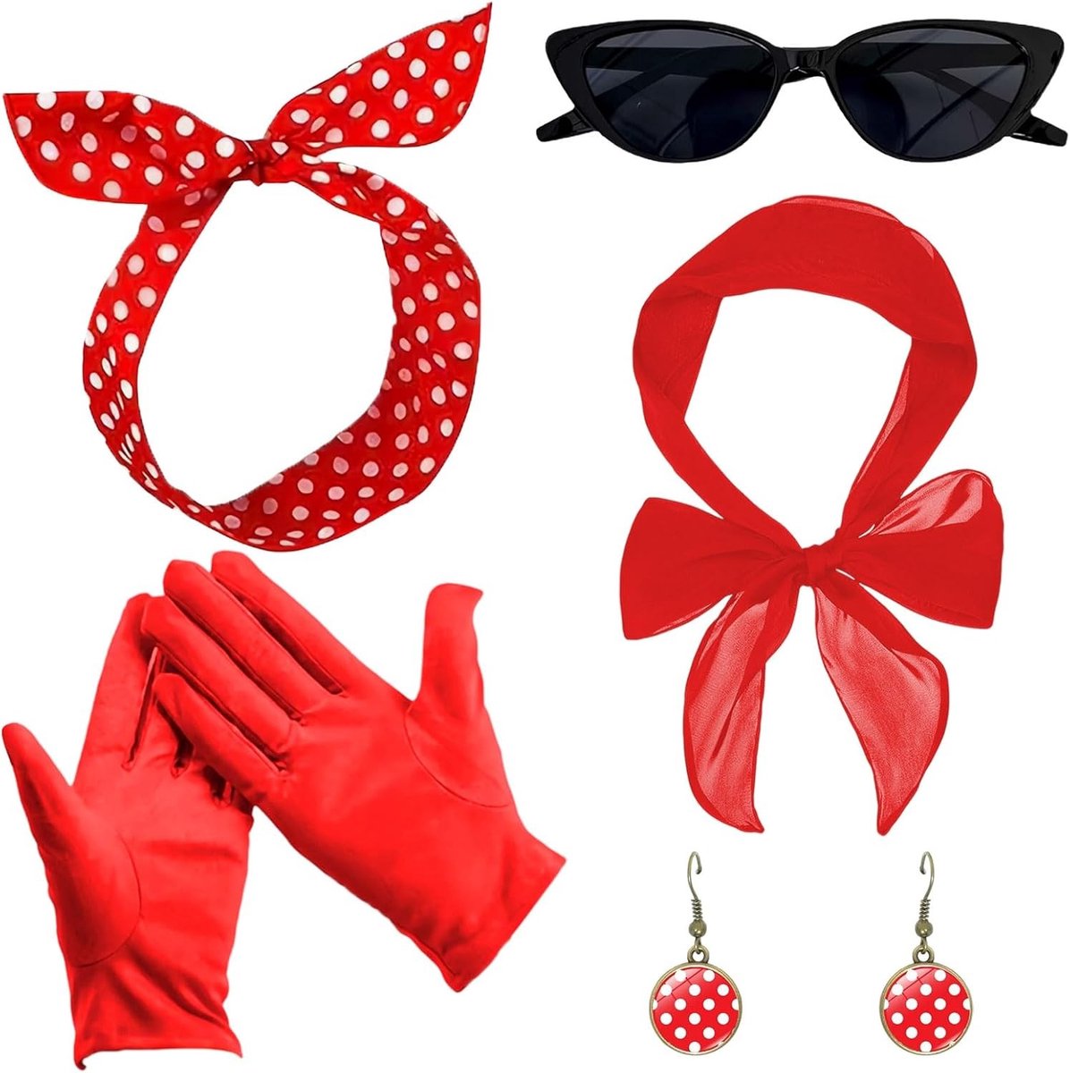 Vijfdelige vintage accessoires set uit de jaren 50 met haarband, brillen, stippen, oorbellen en handschoenen voor rockabilly kostuum, carnaval en Halloween
