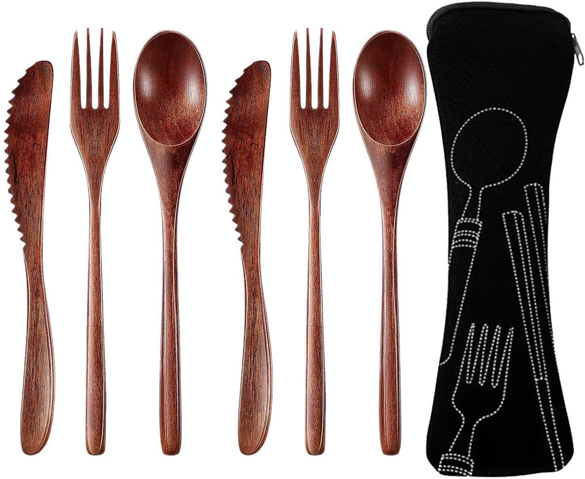 6Pcs Servies, 1Pcs Servies Zak, Dagelijks Houten Servies, Herbruikbaar, Reizen Camping Rekwisieten, Draagbare Doek Tas. - ShopVlot