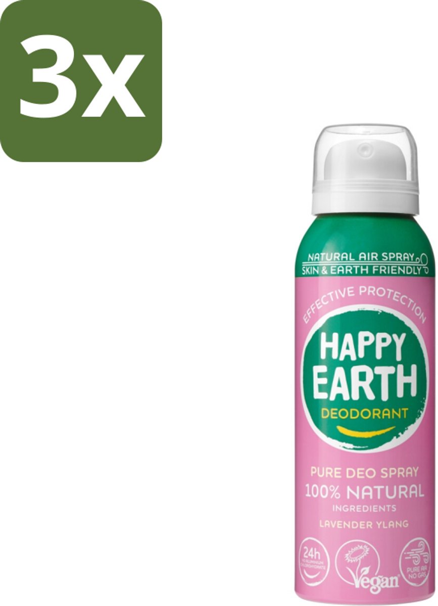 Happy Earth – Deodorant Spray – 100% Natuurlijk Lavender Ylang – 100 ml - Bulkverpakking - 3 stuks
