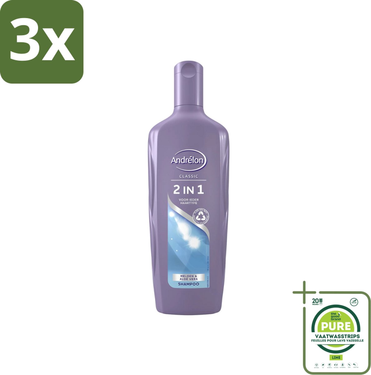 3 x Andrélon - 2-in-1 - Shampoo - Voor Snel & Effectief Wassen - 300 ml - Grootverpakking - 2-in-1 Shampoo Conditioner - Snel Wassen - Haar Verzorgen - Meloen En Aloë Vera - Hydraat