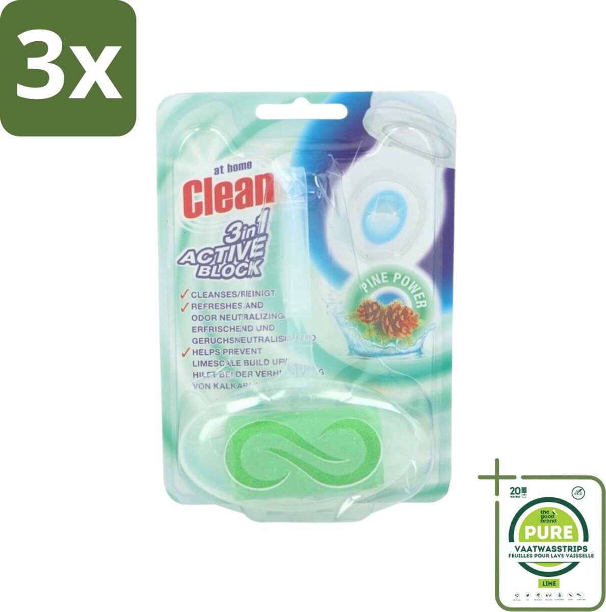 3 x At Home - Clean - Toiletblok - 3in1 Active - Pine Power - Neutraliseert & Reinigt - 1 Blok - Grootverpakking - Toiletblok - Toilet Reinigen - Toilet Fris - Toilet Neutraliseren - Toilet Reinigingsblok