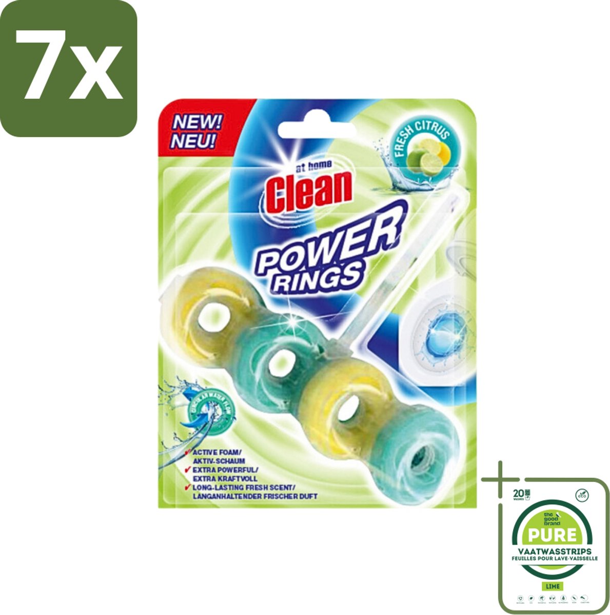 7 x At Home - Clean - Toiletblok - Power Rings - Fresh Citrus - Extra Sterk - 1 Blok - Grootverpakking - Toiletblok - Toilet Reinigen - Citrusgeur - Power Rings - Toilet Reinigingsblok