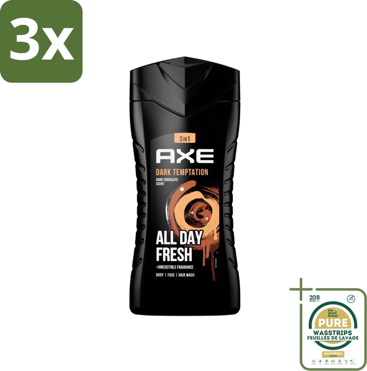 3 x Axe - 3-in-1 Douchegel - Dark Temptation - Dark Chocolate - 250 ml - Grootverpakking - Douchegel - 3-in-1 - Lichaam - Gezicht - Haar