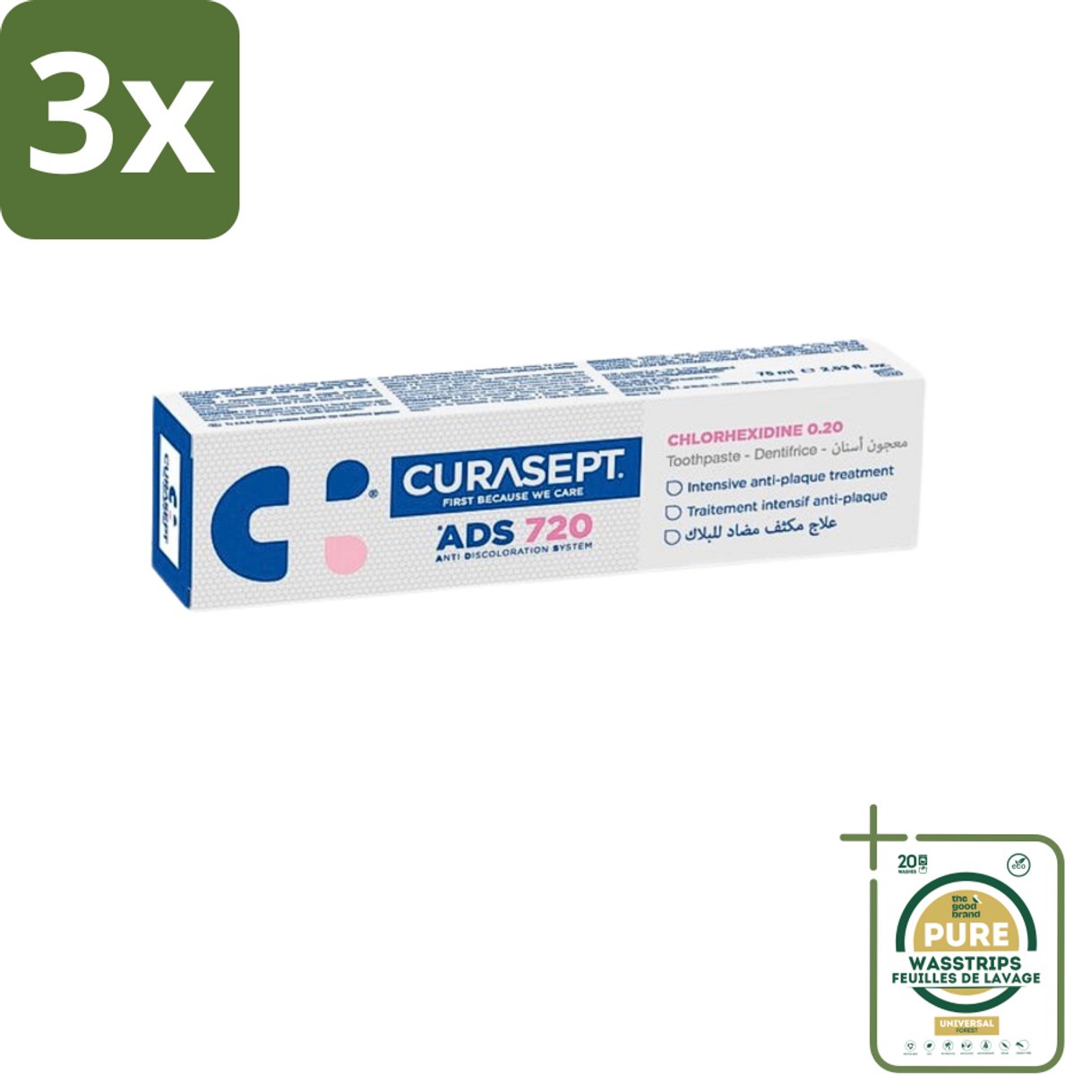 3 x Curasept - ADS 720 Gel-Tandpasta - Chloorhexidine 0.20% - Beschermt Tandvlees & Tanden - 75 ml - Grootverpakking - Chloorhexidine - Tandvlees - Mondhygiëne - Ontstoken Tandvlees - Peri-implantitis
