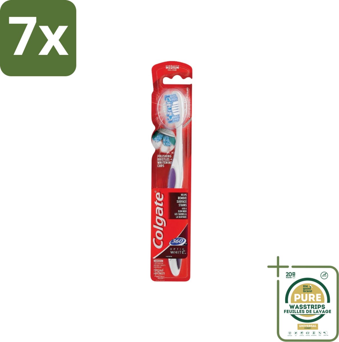 7 x Colgate - Tandenborstel - 360 Optic White Medium- Wit - 1 Tandenborstel - Grootverpakking - Tandenborstel - Tanden Reinigen - Mondverzorging - Wittere Tanden - 360° Reiniging
