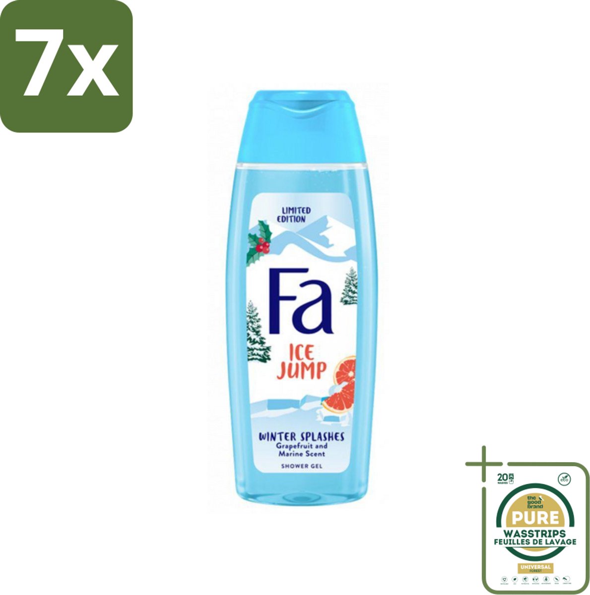 7 x Fa - Douchegel - Winter Splashes Ice Jump - Frisse Geur & Verfrissing - Verzorgend - 250 ml - Grootverpakking - Douchegel - Winter - Zeebries - Grapefruit - Verfrissend
