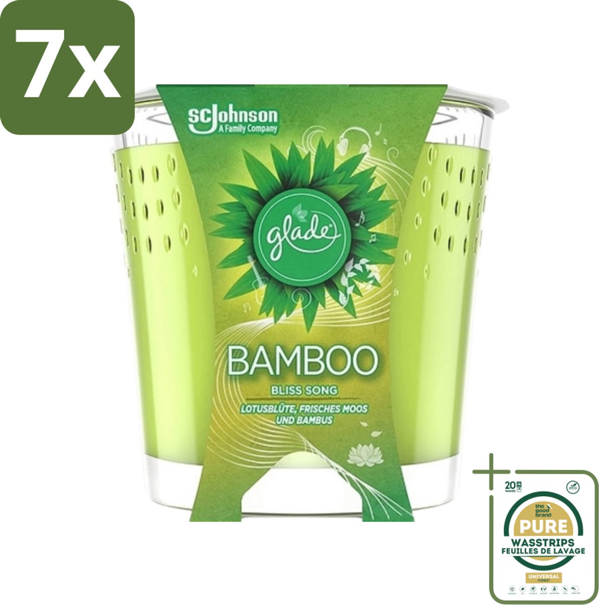 7 x Glade - Geurkaars - Bamboo Bliss Song - Frisse Geur & Relaxatie - 129 g - Grootverpakking - Bamboo Geur - Rust - Ontspanning - Geurkaars - Frisse Geur
