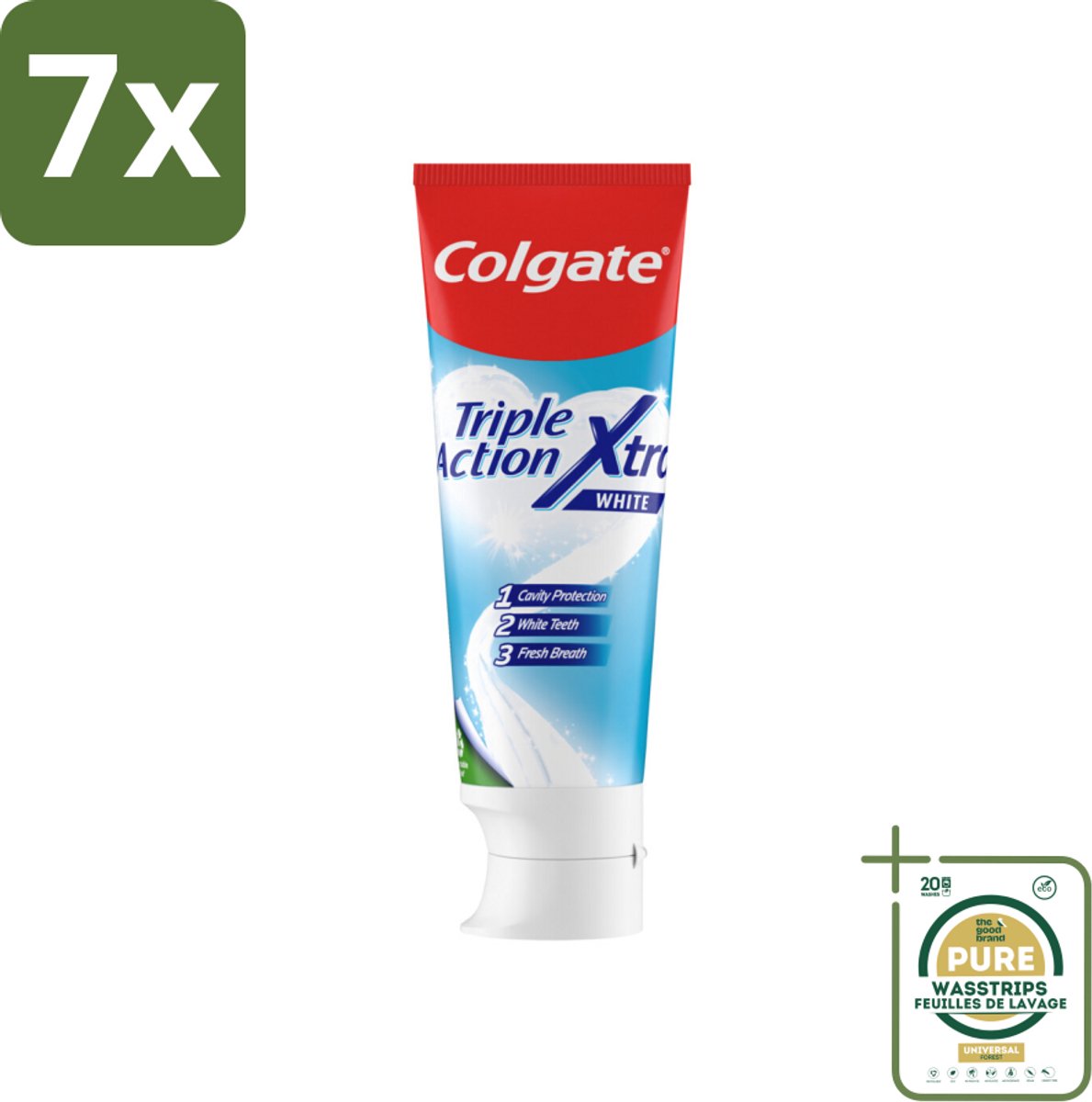 7 x Colgate Tandpasta Triple Action Xtra White 75 ml - Grootverpakking - Tandpasta - Gaatjes - Wittere Tanden - Frisse Adem - Mondverzorging