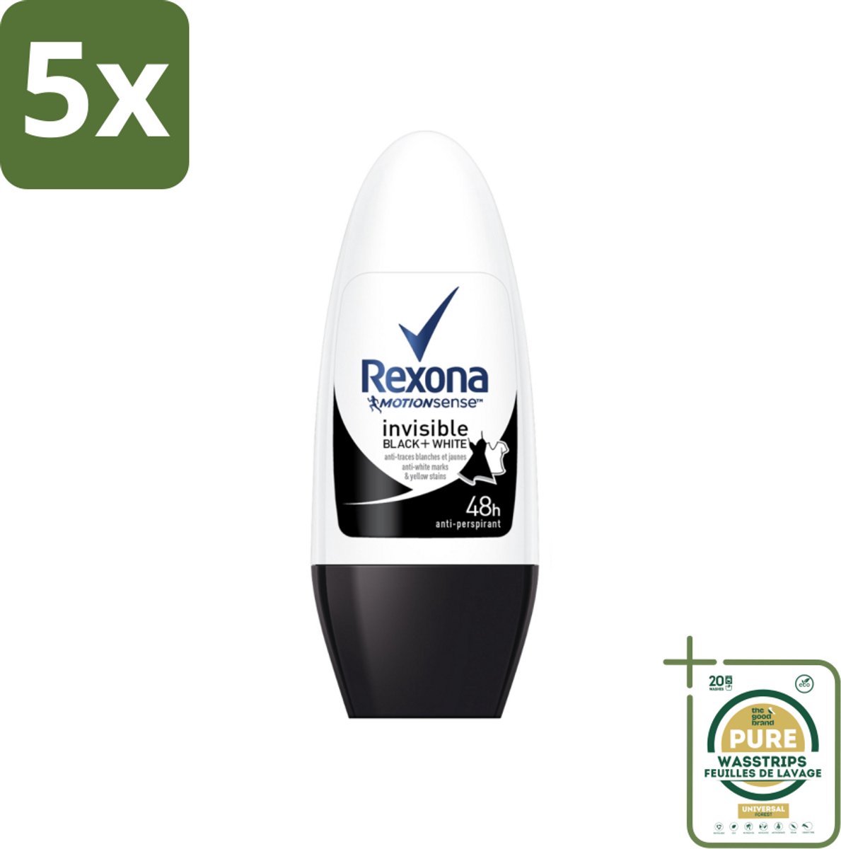 5 x Rexona - Invisible Black & White - Deo Roller - Anti-transpirant - 50 ml - Grootverpakking - Deodorant - Anti-transpirant - Vlekkenvoorkomend - 48 Uur Bescherming - Roll-on Deodorant