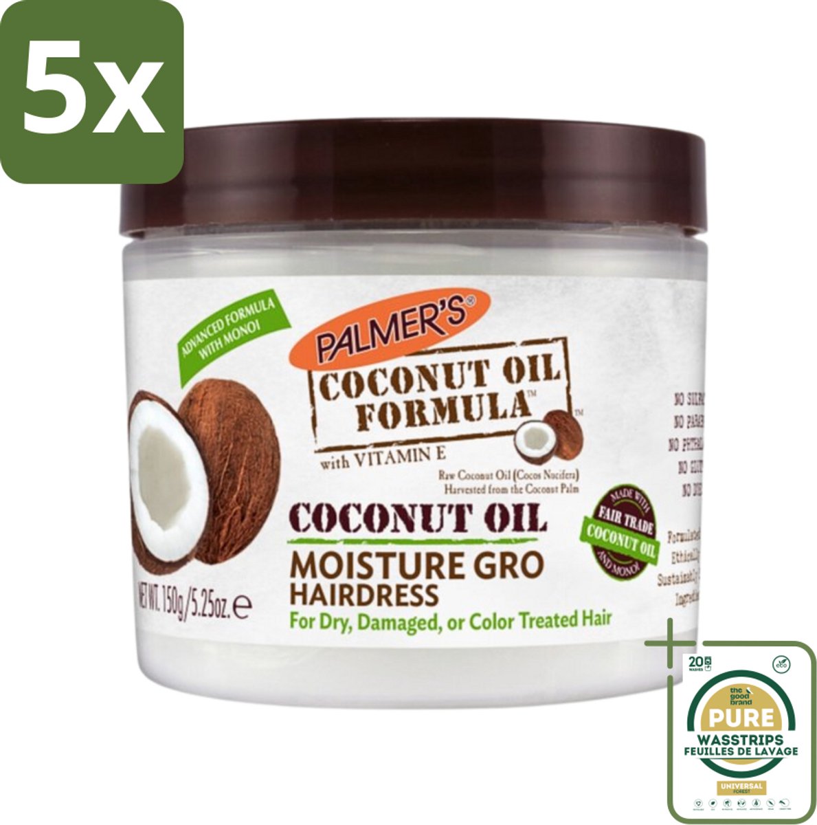 5 x Palmers - Coconut Oil - Crèmespoeling - 150 ml - Grootverpakking - Kokosolie Crèmespoeling - Haarverzorging - Droog Haar - Beschadigd Haar - Haar Herstellen