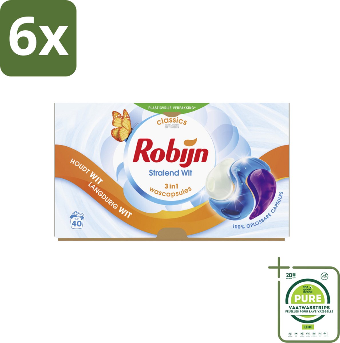 Robijn Wascapsules 3-in-1 Stralend Wit 40 stuks per verpakking - Voordeelverpakking - 6 stuks - Wit was - Wascapsules