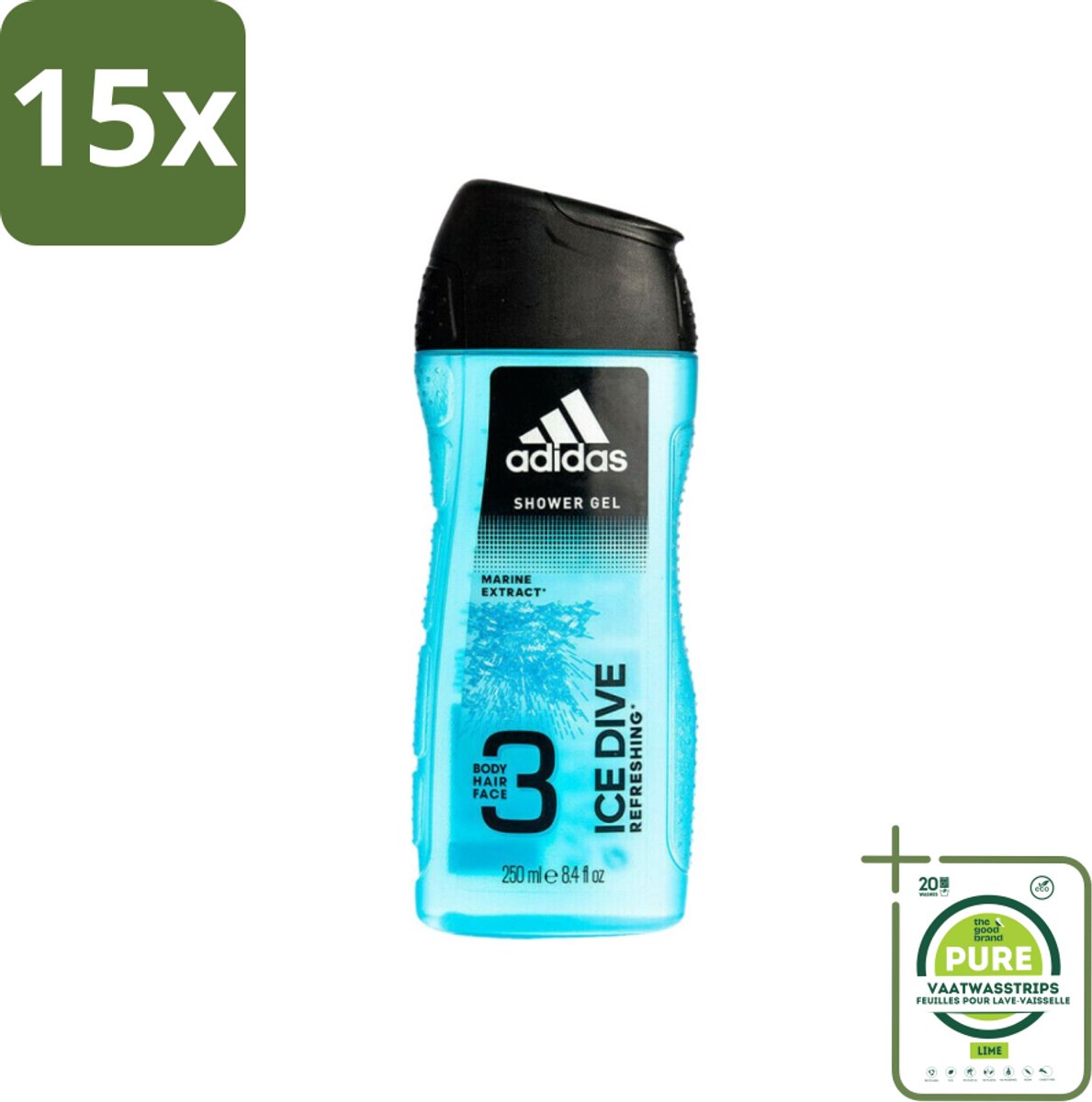 15 x Adidas - 3-in-1 Douchegel - Ice Dive Refreshing - Marine Extract - 250 ml - Grootverpakking - Adidas Ice Dive Douche & Shampoo - Verfrissend - 2-in-1 - Lichaam En Haar - Sportieve Verzorging