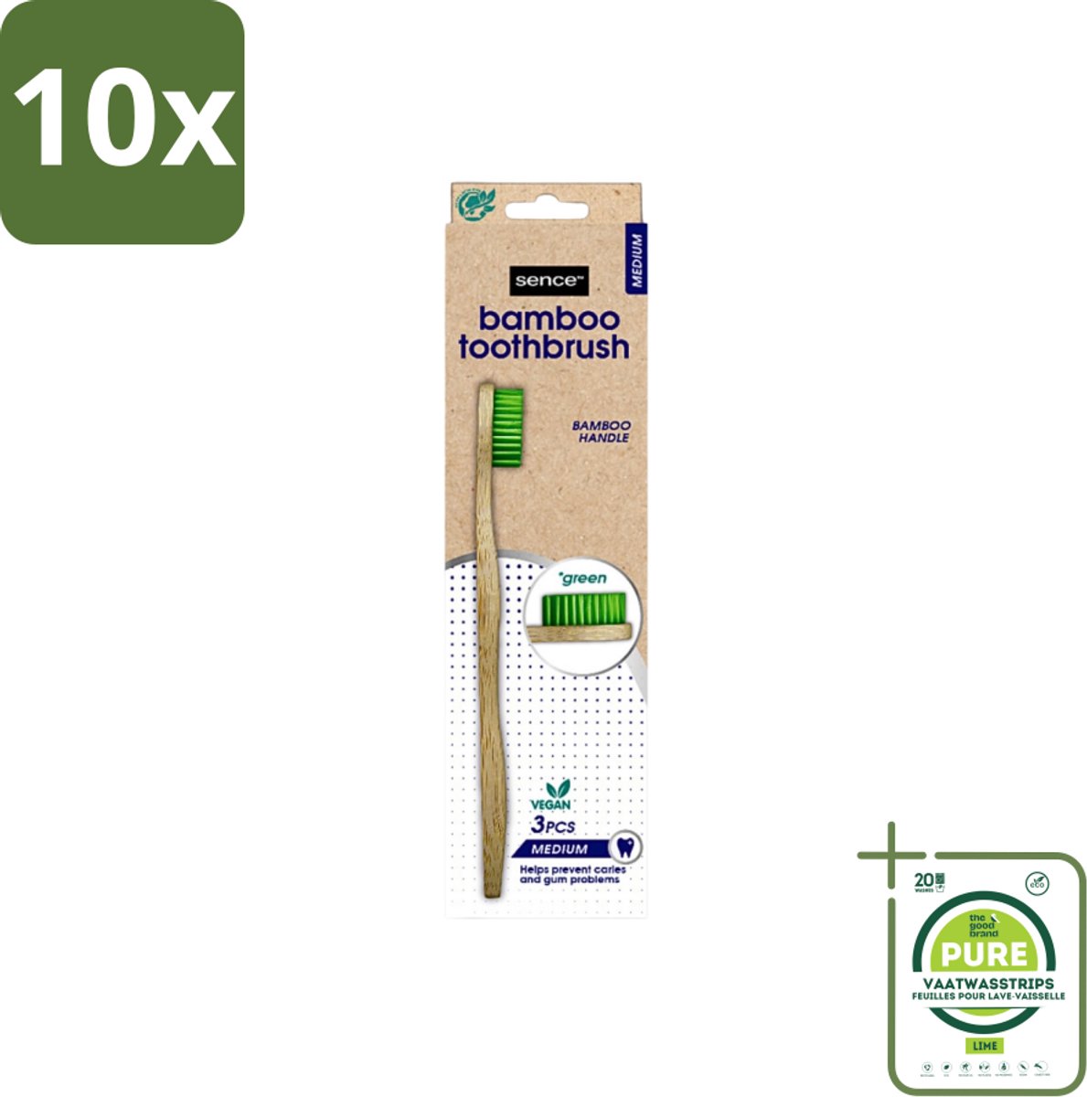 10 x Sence - Bamboo - Tandenborstels - Medium - Set van 3 - Groen - Grootverpakking - Tandenborstel - Bamboo Tandenborstel - Duurzaam Tandenborstel - Vegan Tandenborstel - Plasticvrije Tandenborstel