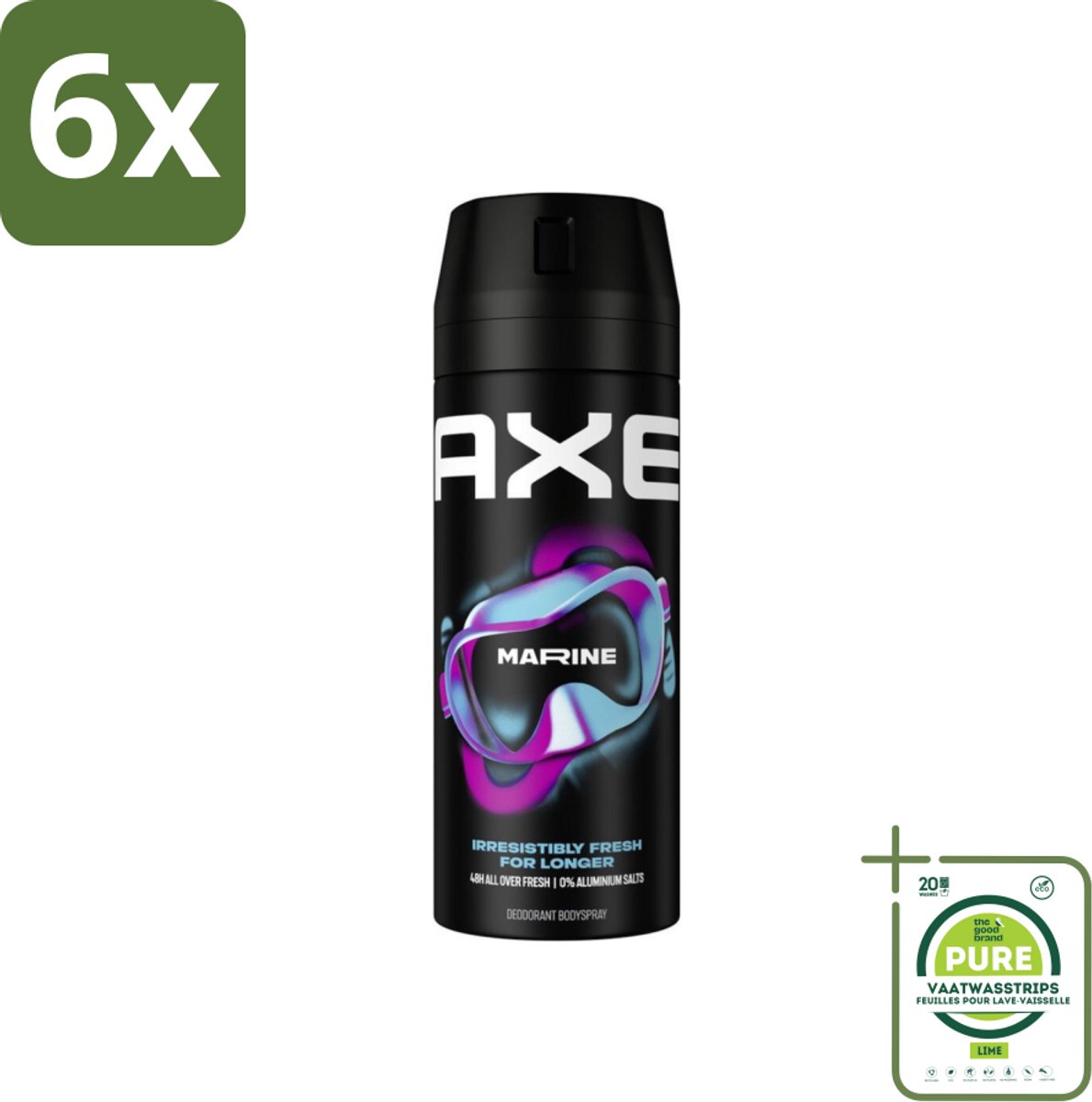 Axe - Deodorant Bodyspray - 100% Fresh Fragrance - Marine - Sea Breeze & Sage - 150 ml - Voordeelverpakking - 6 stuks - Axe marine deodorant - Zeebries geur