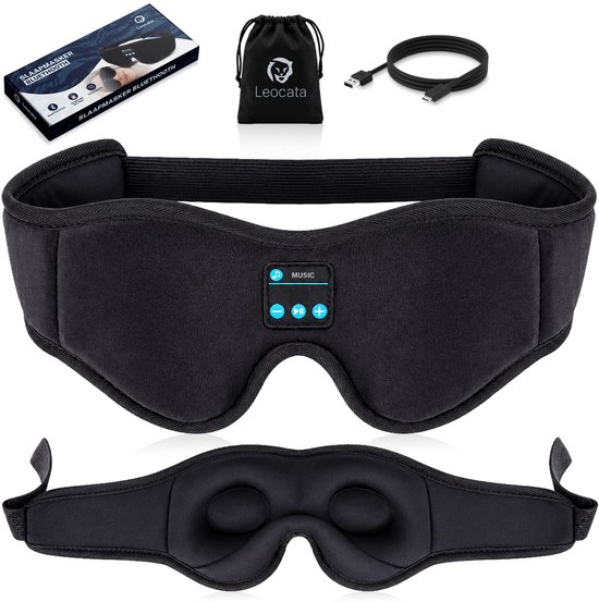 Zwart Leocata Bluetooth slaapmasker met speakers en bediening. Twee versies getoond: omwikkeld en plat.
